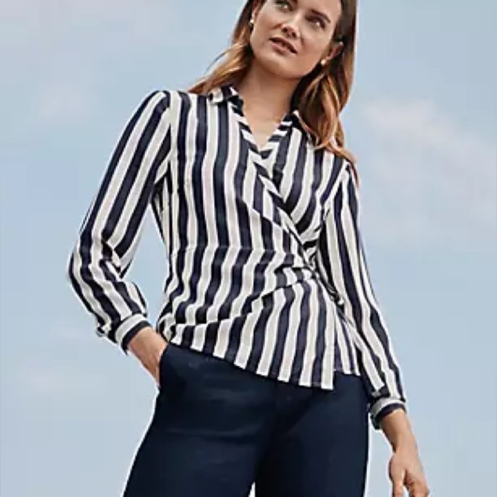 NWT Ann Taylor navy white striped wrap blouse M
